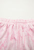Pink Abstract Print V Neck Loose Tee Drawstring Shorts 2pcs Outfit