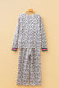 Gray V Neck Leopard Long Sleeve Top Striped Webbing Patchwork Drawstring Pant Set