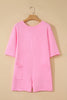 Pink Solid Color Raw Edge Half Sleeve Pocketed Loose Romper