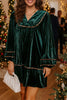 Blackish Green Leopard Trim Velvet Long Sleeve Shift Dress