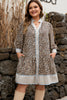 Khaki Plus Size Leopard Print Striped Trim V Neck Drop Waist Long Sleeve Mini Dress