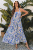 Sky Blue Floral Print Self-tie Straps Flowy Ruffle Long Dress