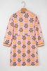 Pink Floral Print Zip Neck Striped Patchwork Long Sleeve Drawstring Dress