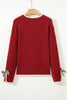 Racing Red Leopard Bow Decor Split Cuff Contrast Trim Sweater