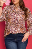 Brown Plus Size Leopard Frilled Stand Neck Blouse