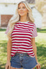 Red Stripe Patchwork Round Neck T Shirt