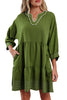 Jungle Green Contrast Stitched V Neck 3/4 Sleeve Tiered Mini Dress