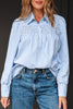 Sky Blue Stripe Shirred Detail Half Placket Collared Long Sleeve Fall Shirt