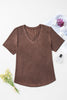 Chestnut Mineral Wash Criss Cross V Neck Casual T Shirt