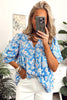 Sky Blue V Neck Floral Print 3/4 Puff Sleeve Blouse
