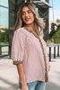 Pink Stripe Leopard Trim V Neck Button Down Half Sleeve Shirt