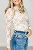 White Sheer Lace Mesh Mock Neck Slim Fit Long Sleeve Top
