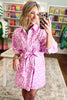 Pink Abstract Leopard Print Tie Waist Puff Sleeve Mini Shirt Dress