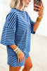 Blue Stripe Striped Ribbed Cotton Two-Piece Short Set with Chest Patch Detail
