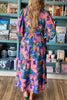 Blue Floral Print 3/4 Sleeve V Neck Tiered Long Dress