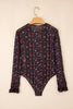 Black Floral Print Smocked Cuff Slim Fit Mesh Bodysuit