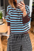 Brown Stripe Color Block Loose Crew Neck Cuffed Sweater