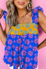 Blue Floral Colorblock Flutter Straps Flowy Tank Top