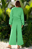Bright Green Drop Shoulder Puff Sleeve Crop Pullover Drawstring Wide Leg Pants Set
