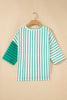 Pink Stripe Colorblock 3/4 Sleeve Loose T Shirt