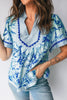 Sky Blue Ricrac Trim Slit V Neck Short Sleeve Floral Blouse