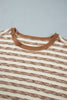 Brown Stripe Textured Knit Color Block Trim Long Sleeve Round Neck Top
