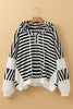 Black white Oversized Striped Henley Buttons Dolman Sleeve Hooded Top