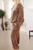 Khaki Leopard Pullover and Pants 2pcs Outfit with Bow Embroidery