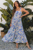 Sky Blue Floral Print Self-tie Straps Flowy Ruffle Long Dress