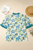 Sky Blue Plus Size Frilled V Neck Short Sleeve Floral Blouse