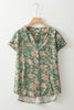 Green Floral Print Pleated Buttoned V Neck Short Sleeve Blouse