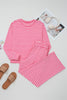 Pink Stripe Drop Shoulder Round Neck Top and Buttoned Straight Pants Two Piece Set