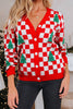 Red Checkered Christmas Tree Pattern Button V Neck Cardigan Sweater