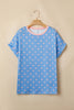 Sky Blue Raised Rib Polka Dot Print Cuffed Short Sleeve Top