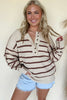 Brown Stripe Ribbed Henley Drop Shoulder Slouchy Sweater