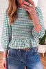 Green 3/4 Sleeve Shirred Plaid Peplum Top