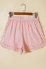 Light Pink Floral Trim Ribbon Knot Striped Casual Shorts