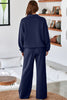 Dusk Blue Solid Color Cowl Neck Drawstring Pullover Wide Leg Athleisure Pants Set