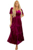 Evergreen Velvet Short Sleeve Shirred Waist Tiered Maxi Dress