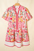 Pink Color Block Floral Print Contrast Trim V Neck Ruffle Hem Mini Dress
