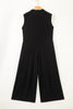 Black Half Buttons Sleeveless Wide Leg Textured Jumpsuit