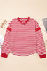 Red Stripe Exposed Seam V Neck Balloon Sleeve Pullover