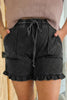 Black Mineral Wash Elastic Waist Drawstring Ruffle Hem Plus Shorts