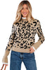 Brown Leopard Pattern Lace Ribbed Detail Button Cuffed Sweater