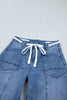 Beau Blue Solid Patchwork Grommet Tie Waist Loose Ankle-Length Jeans