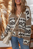 Dark Khaki Ethnic Geometric Pattern Button Front V Neck Sweater Cardigan