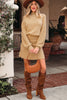 Smoke Gray High Neck Puff Sleeve Sweater Pleated Mini Skirt 2pcs Knitted Outfit