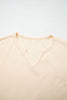 Beige Waffle Textured V Neck Plaid Colorblock Drop Shoulder Long Sleeve Top