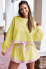 Yellow Cream Plaid Ruffled Patchwork Drop Shoulder Pullover and Drawstring Elastic Waist Shorts Matching Set