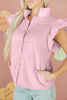 Pink Stand Neck Flutter Sleeve Snap Button Puffer Vest